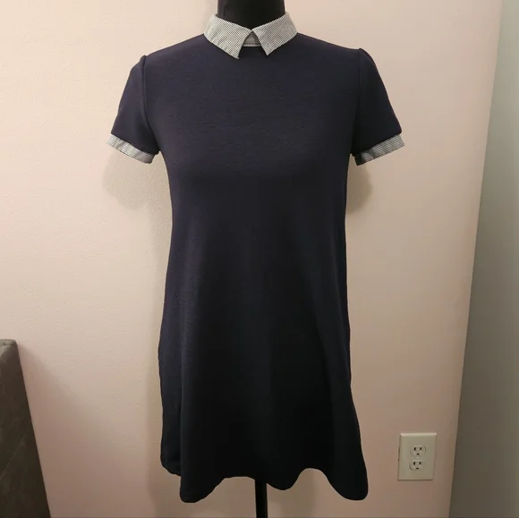 Zara Navy Collared Preppy Mini Dress - Size Small - Picture 1 of 8